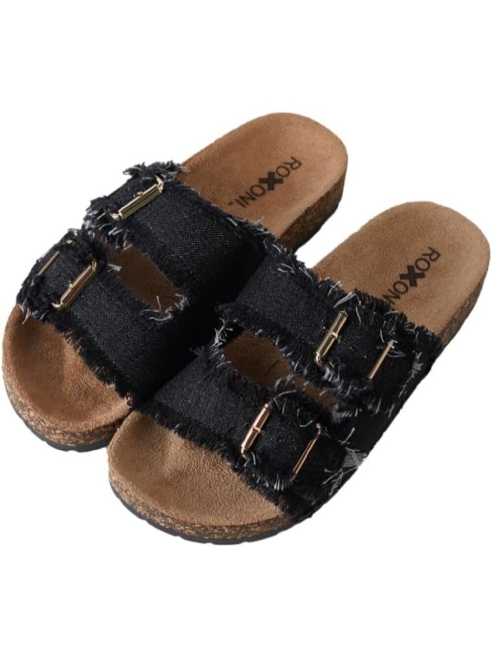 Women's Black Comfort Double Buckle Adjustable Strap Slide Flat Sandal Shoes